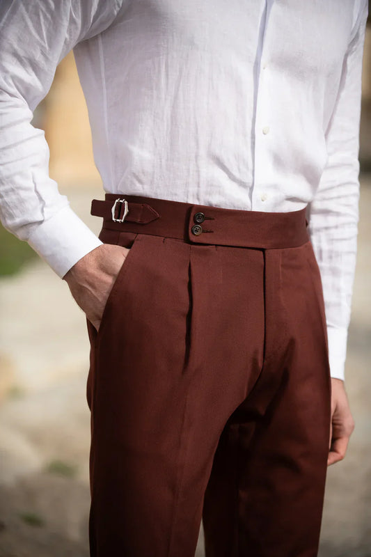Rust Maroon tuxedo pants with double Buckles for adjustment